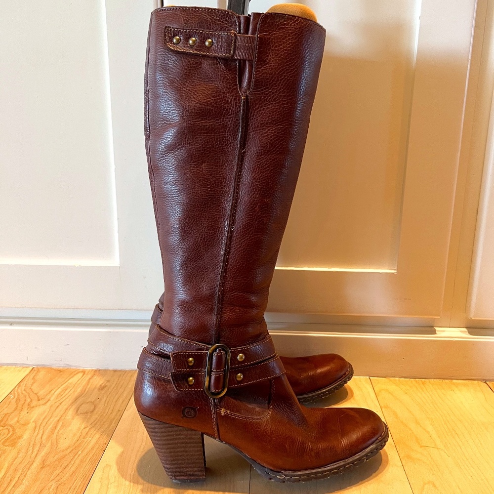 Bjorn Knee Boots with Strap and Buckle Detail, Size 7.5